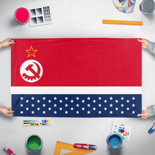 A mockup of the custom flag 'Socialist States of America' held up on a table during print checking