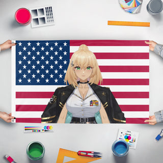 A mockup of the custom flag 'JosieFlags' held up on a table during print checking