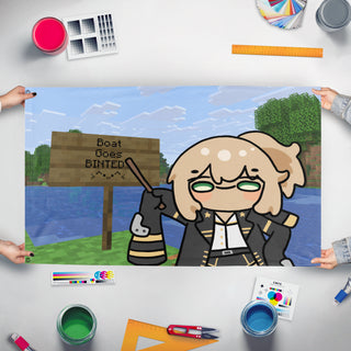 A mockup of the custom flag 'JosieBinted flag' held up on a table during print checking