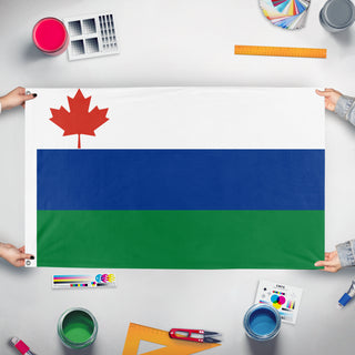 A mockup of the custom flag 'Great Lakes Regional Authority flag' held up on a table during print checking