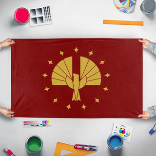 A mockup of the custom flag 'PANEM flag' held up on a table during print checking