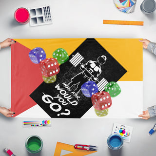 A mockup of the custom flag 'T flag' held up on a table during print checking