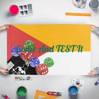 A mockup of the custom flag 'T flag' held up on a table during print checking