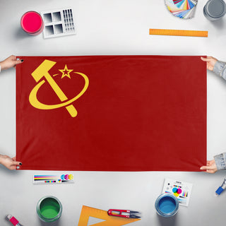 A mockup of the custom flag 'United Soviet Federation flag' held up on a table during print checking