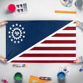 A mockup of the custom flag 'Combined Syndicates of America flag' held up on a table during print checking