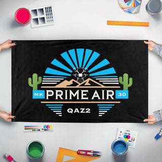 A mockup of the custom flag 'qaz flag' held up on a table during print checking