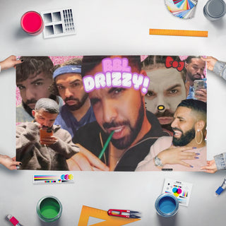 A mockup of the custom flag 'BBL DRIZZY flag' held up on a table during print checking