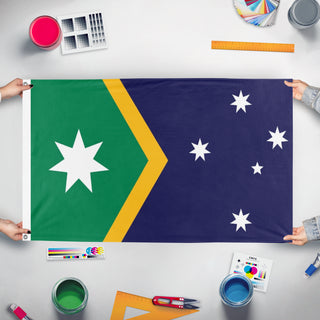 A mockup of the custom flag 'FCR's Capital Flag' held up on a table during print checking