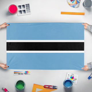 A mockup of the custom flag 'test3 flag' held up on a table during print checking