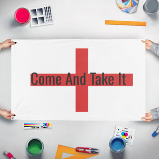 A mockup of the custom flag 'test 1 flag' held up on a table during print checking