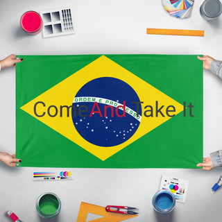 A mockup of the custom flag 'test 3 flag' held up on a table during print checking