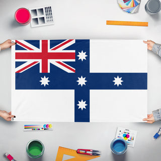 A mockup of the custom flag 'Australian Federation flag' held up on a table during print checking