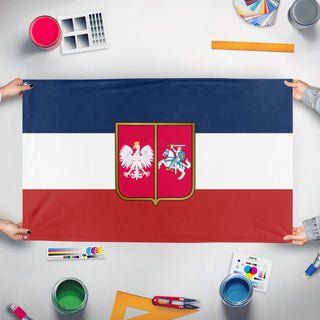 A mockup of the custom flag 'Kingdom of Poland flag' held up on a table during print checking