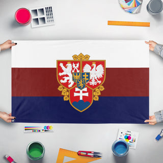 A mockup of the custom flag 'Zapadoslavia flag' held up on a table during print checking