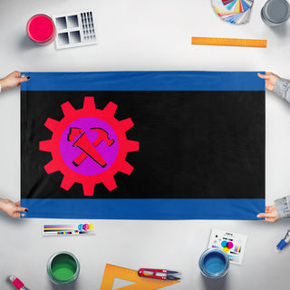 A mockup of the custom flag 'syndicalist kingdom of Jasonia flag' held up on a table during print checking