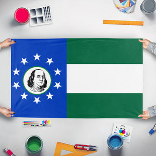 A mockup of the custom flag 'State of Franklin flag' held up on a table during print checking