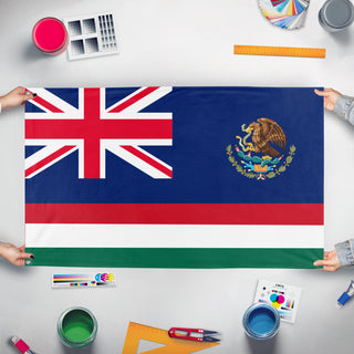 A mockup of the custom flag 'alternitve history flag' held up on a table during print checking