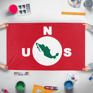 A mockup of the custom flag 'Mexican Synarchist Union flag' held up on a table during print checking