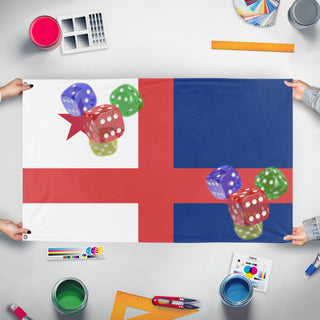 A mockup of the custom flag 'T flag' held up on a table during print checking