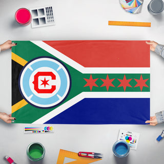 A mockup of the custom flag 'Chicago Fire South Africa flag' held up on a table during print checking