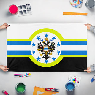 A mockup of the custom flag 'Democratic Russian Empire' held up on a table during print checking
