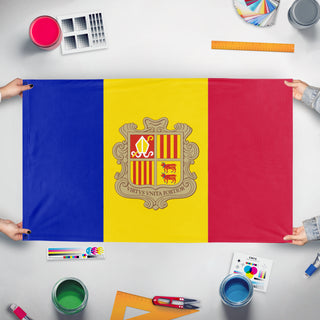 A mockup of the custom flag 'test flag' held up on a table during print checking