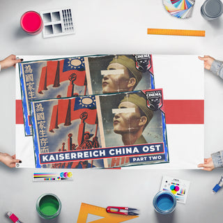 A mockup of the custom flag 'T flag' held up on a table during print checking