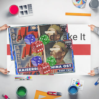 A mockup of the custom flag 'T flag' held up on a table during print checking