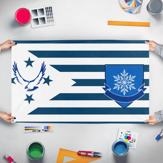 A mockup of the custom flag 'BAYLAND flag' held up on a table during print checking