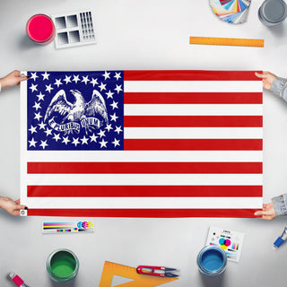 A mockup of the custom flag 'Union Support Flag' held up on a table during print checking