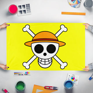 A mockup of the custom flag 'StrawHat flag' held up on a table during print checking