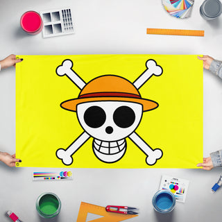 A mockup of the custom flag 'strawhat flag' held up on a table during print checking