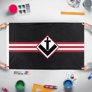 A mockup of the custom flag 'poland flag' held up on a table during print checking