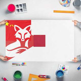 A mockup of the custom flag 'Tn flag' held up on a table during print checking