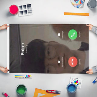 A mockup of the custom flag 'faker is calling flag' held up on a table during print checking
