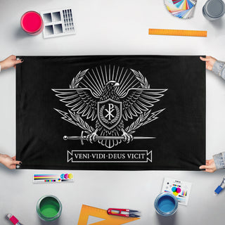 A mockup of the custom flag 'Holy Roman Order flag' held up on a table during print checking