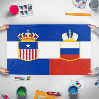 A mockup of the custom flag 'RussoAmericanEmpire flag' held up on a table during print checking