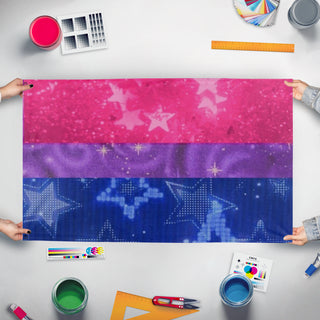 A mockup of the custom flag 'Bistar flag' held up on a table during print checking