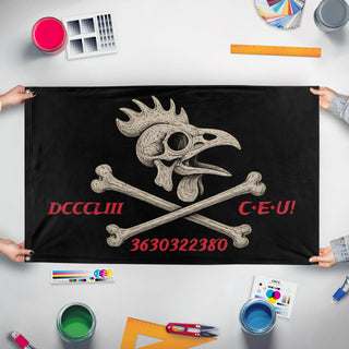 A mockup of the custom flag 'C.H DCCCLIII CEU flag' held up on a table during print checking