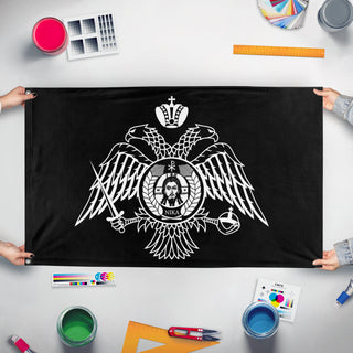 A mockup of the custom flag 'BYZANTIUM flag' held up on a table during print checking