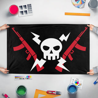 A mockup of the custom flag 'zapptastic flag' held up on a table during print checking