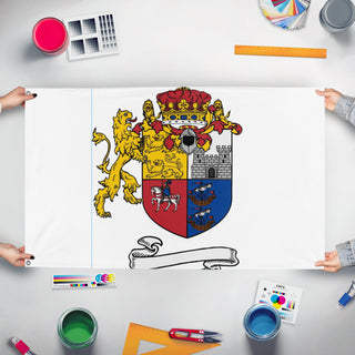 A mockup of the custom flag 'h flag' held up on a table during print checking