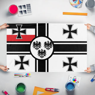 A mockup of the custom flag 'Saint saul german empire  flag' held up on a table during print checking