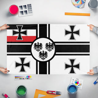 A mockup of the custom flag 'saint Saul german empire flag' held up on a table during print checking