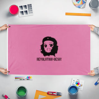 A mockup of the custom flag 'che uwuvara flag' held up on a table during print checking