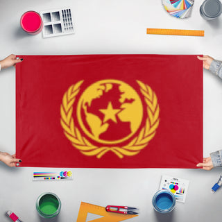 A mockup of the custom flag 'World socialist republic. flag' held up on a table during print checking