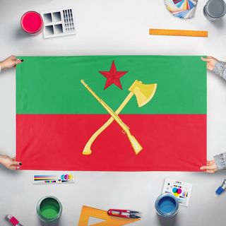 A mockup of the custom flag 'Cascadia front  flag' held up on a table during print checking
