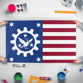 A mockup of the custom flag 'SHSFA Rebelion flag' held up on a table during print checking