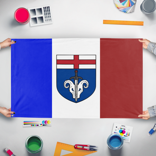 A mockup of the custom flag 'Frankford flag' held up on a table during print checking