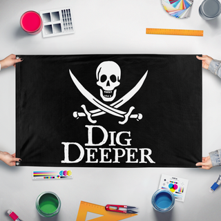 A mockup of the custom flag 'jolly flag' held up on a table during print checking